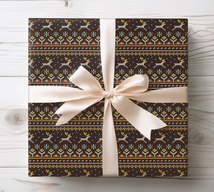Frostwood Knit – Cozy Reindeer Fair Isle Wrapping Paper in Warm Brown