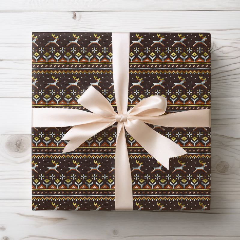 Frostwood Knit – Cozy Reindeer Fair Isle Wrapping Paper in Warm Brown