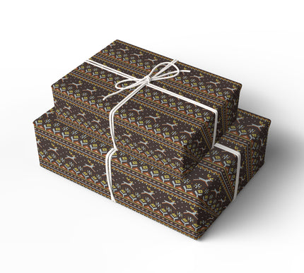 Frostwood Knit – Cozy Reindeer Fair Isle Wrapping Paper in Warm Brown