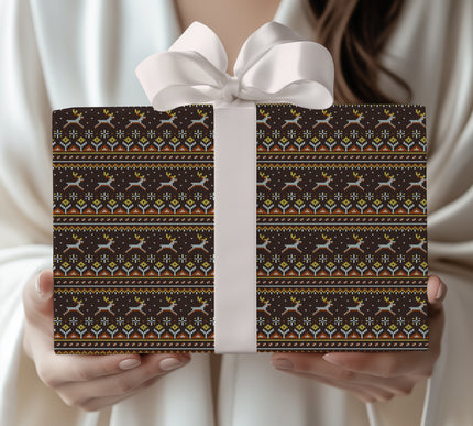 Frostwood Knit – Cozy Reindeer Fair Isle Wrapping Paper in Warm Brown
