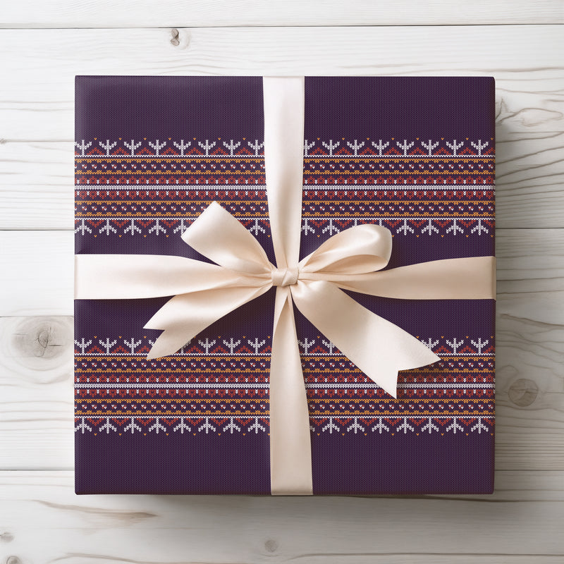 Emberfall Knit – Nordic Snowflake Fair Isle Wrapping Paper in Deep Plum
