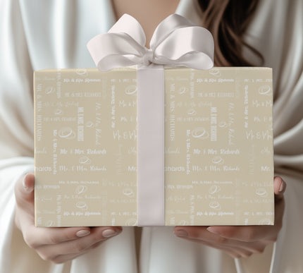 Ivorel – Classic Beige Wedding Script Wrapping Paper with Rings and Calligraphy