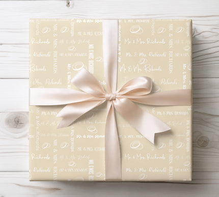 Ivorel – Classic Beige Wedding Script Wrapping Paper with Rings and Calligraphy