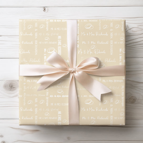 Ivorel – Classic Beige Wedding Script Wrapping Paper with Rings and Calligraphy