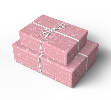 Rosoria – Elegant Pink Wedding Script Wrapping Paper with Rings and Calligraphy