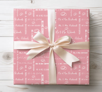 Rosoria – Elegant Pink Wedding Script Wrapping Paper with Rings and Calligraphy