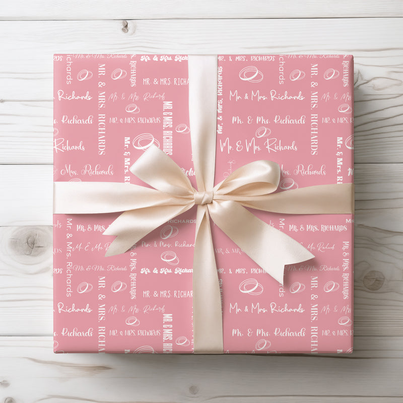 Rosoria – Elegant Pink Wedding Script Wrapping Paper with Rings and Calligraphy