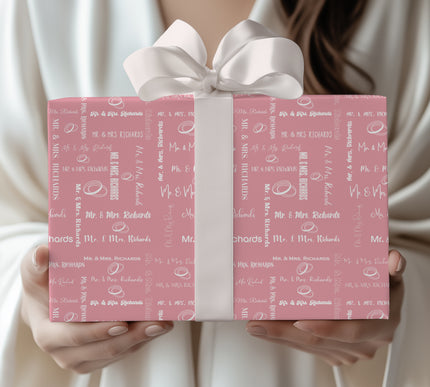 Rosoria – Elegant Pink Wedding Script Wrapping Paper with Rings and Calligraphy