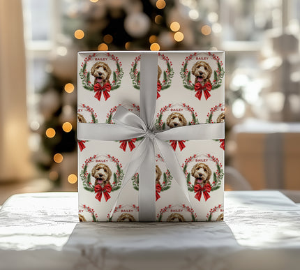 WreathWhisker – Personalized Pet with Christmas Wreath Wrapping Paper