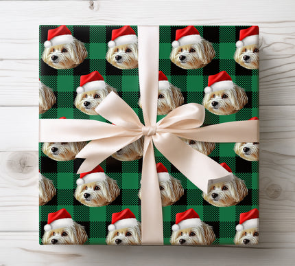 Celebrate your furry friend with PlaidPaws Evergreen, a personalized Christmas wrapping paper featuring your dog in festive plaid style. Perfect for pet lovers, holiday gifting, and creating unforgettable memories with custom gift wrap made just for you. 