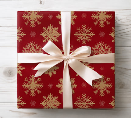 Add sparkle to Christmas gifts with SparkFlake, a golden snowflake wrapping paper. Perfect for festive occasions and luxurious winter gifting. 