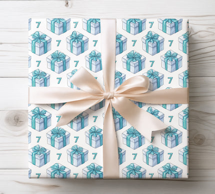Fun and colorful, Aquora features turquoise gift boxes with the number 7. A lively design for seventh birthday presents. 