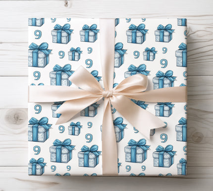 Celebrate a ninth birthday with Azure Bloom, a blue and white gift box design featuring number 9. Perfect for kids’ milestone birthdays. 