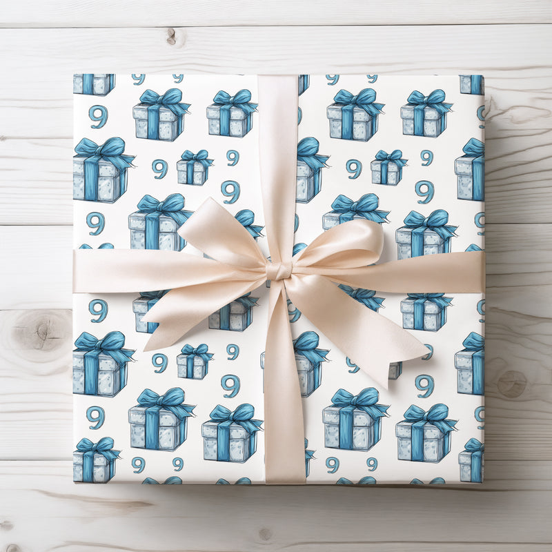 Azure Bloom – White and Blue Gift Box with Number 9 Birthday Wrapping Paper