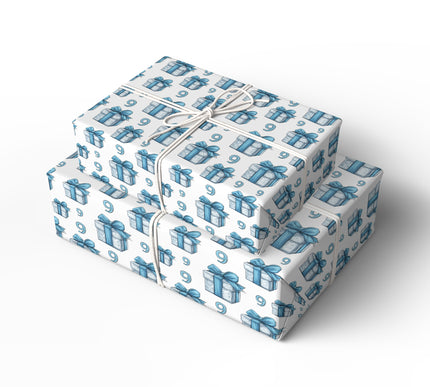 Azure Bloom – White and Blue Gift Box with Number 9 Birthday Wrapping Paper