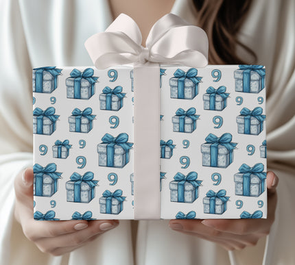 Azure Bloom – White and Blue Gift Box with Number 9 Birthday Wrapping Paper