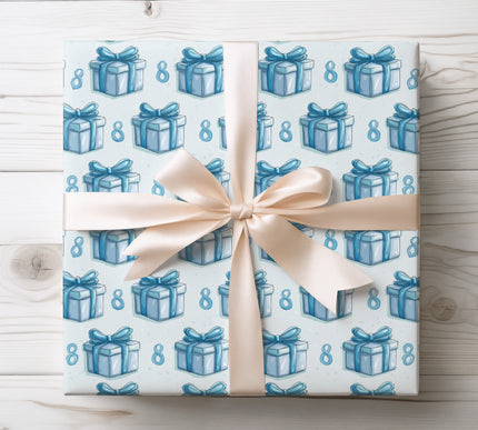 Festive and bright, Azure Gift features blue gift box patterns with the number 8. Perfect for wrapping eighth birthday presents. 
