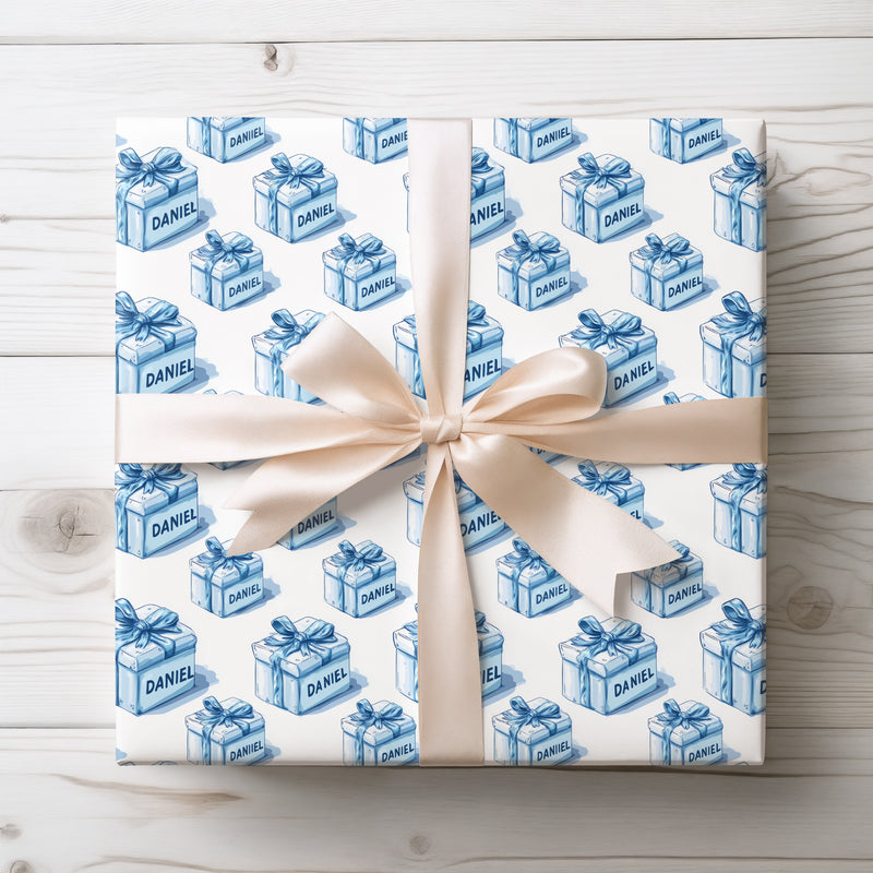 Daniel Charm – Blue Gift Boxes with Name Birthday Wrapping Paper