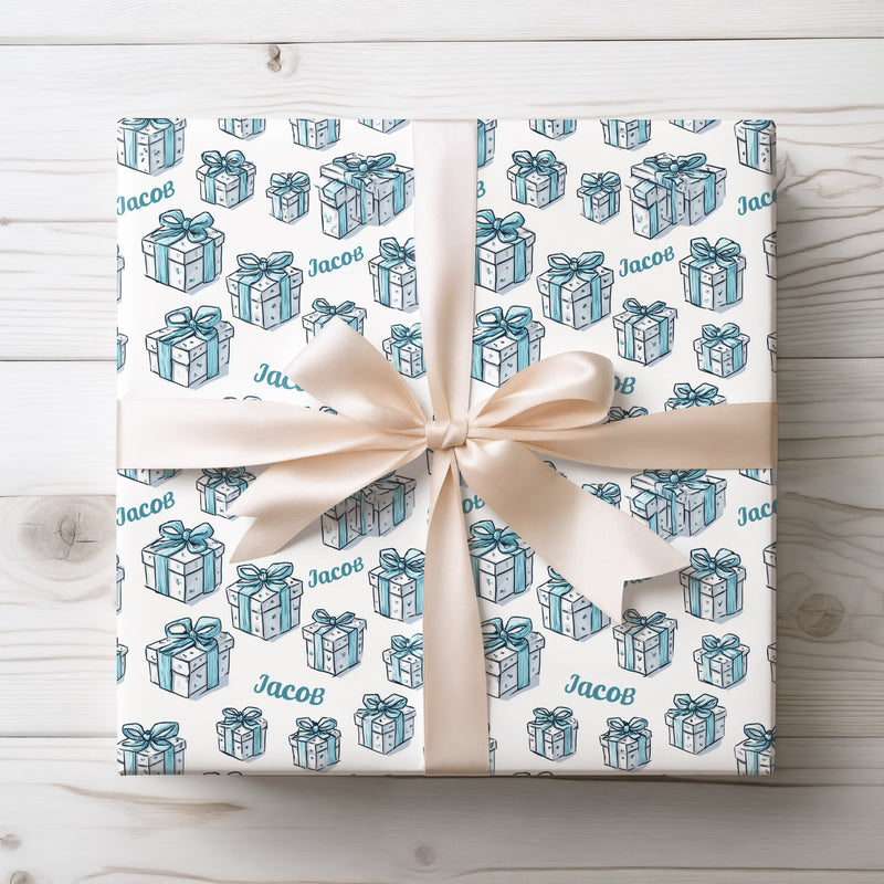 Jacob Charm – Blue Gift Boxes with Name Birthday Wrapping Paper