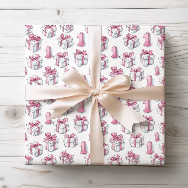 Blush One – Pink Ribbon Number 1 Birthday Wrapping Paper