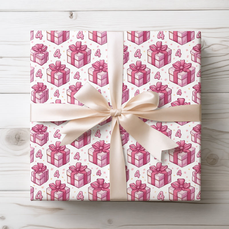 Pink Aurora – Pink Gift Box with Number 4 Birthday Wrapping Paper