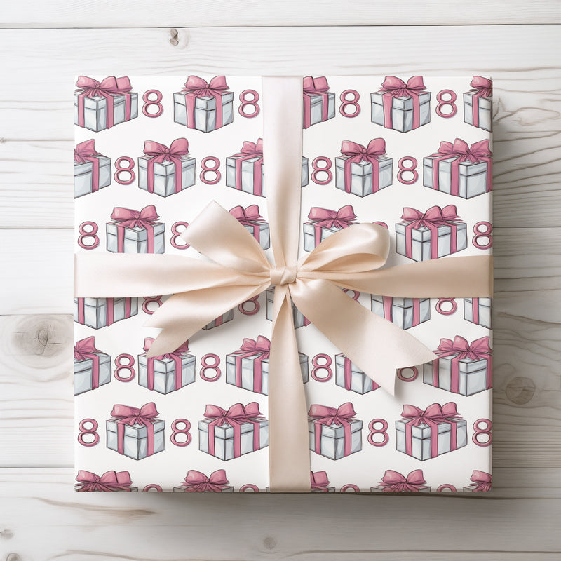 Rosaline Eight – Pink Ribbon Number 8 Birthday Wrapping Paper