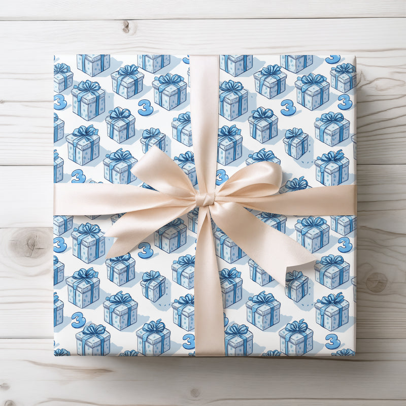 Frostveil – Blue Gift Box with Number 3 Birthday Wrapping Paper