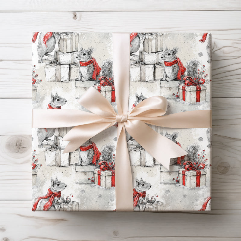 Berrisquirrel – Festive Squirrel with Red Scarf Wrapping Paper