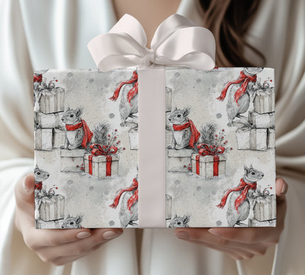 Berrisquirrel – Festive Squirrel with Red Scarf Wrapping Paper