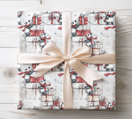 Blizzard Panda – Cute Pandas With Red Scarves and Holiday Presents Wrapping Paper