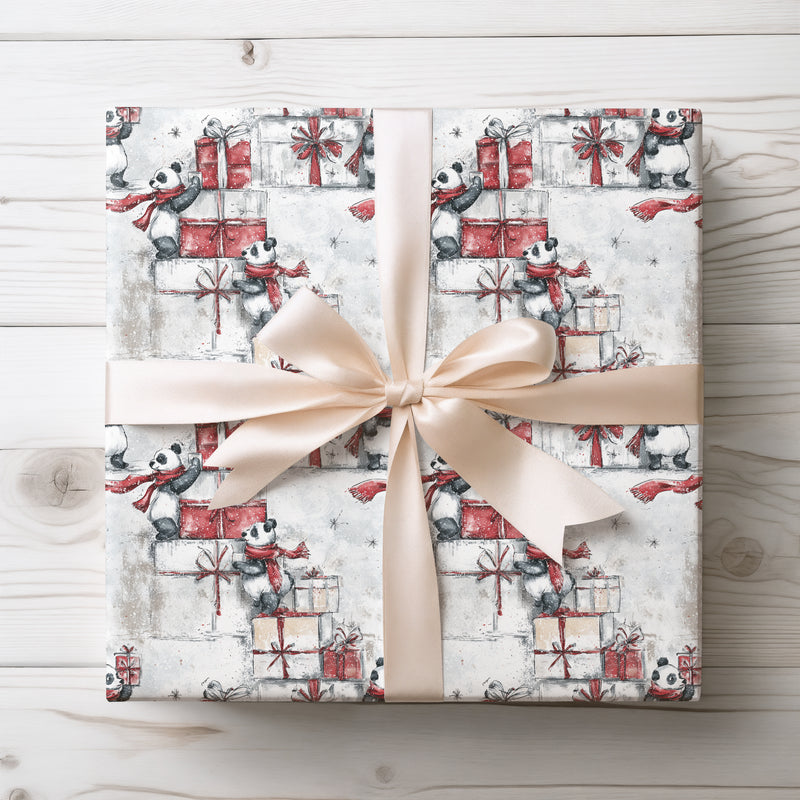 Blizzard Panda – Cute Pandas With Red Scarves and Holiday Presents Wrapping Paper