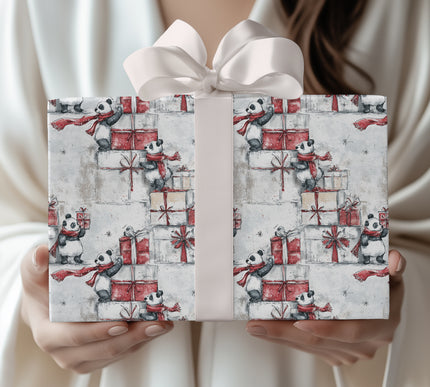 Blizzard Panda – Cute Pandas With Red Scarves and Holiday Presents Wrapping Paper