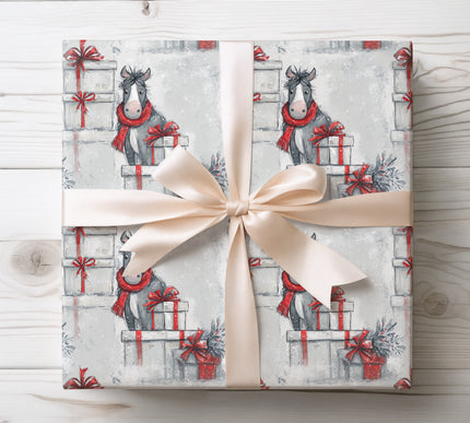 Rustic and cozy, Donkara features donkeys in red scarves. A perfect farmhouse-inspired Christmas wrapping paper for holiday gifting. 