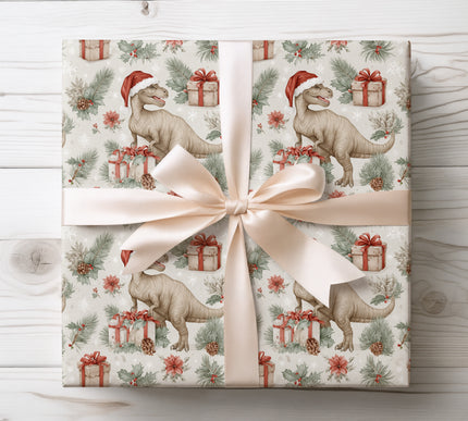 Evergreen Rex – Christmas Dinosaur Wrapping Paper with Santa Hat, Pinecones, and Holiday Gifts