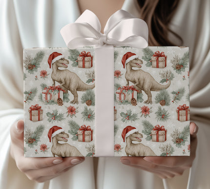 Evergreen Rex – Christmas Dinosaur Wrapping Paper with Santa Hat, Pinecones, and Holiday Gifts