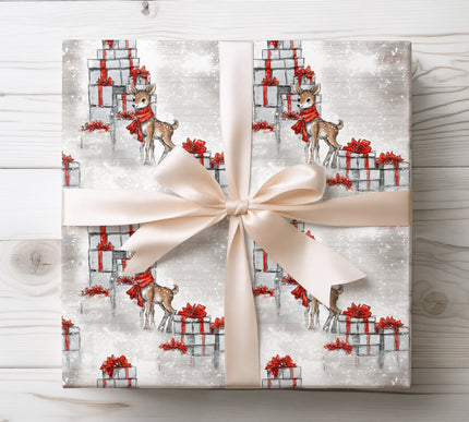 Sweet and festive, Fawnveil features baby deer in red scarves. A charming holiday wrap for children’s gifts and woodland-inspired Christmas décor. 
