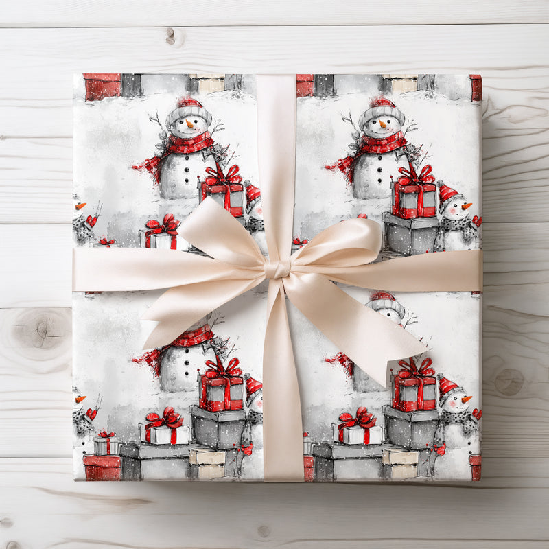 Frostberry Jolly – Watercolor Snowman With Red Scarf and Christmas Gifts Wrapping Paper