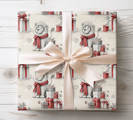 Add prehistoric fun with FrostRex, a dinosaur-themed wrapping paper with Santa hats and holiday gifts. Perfect for children’s Christmas presents. 