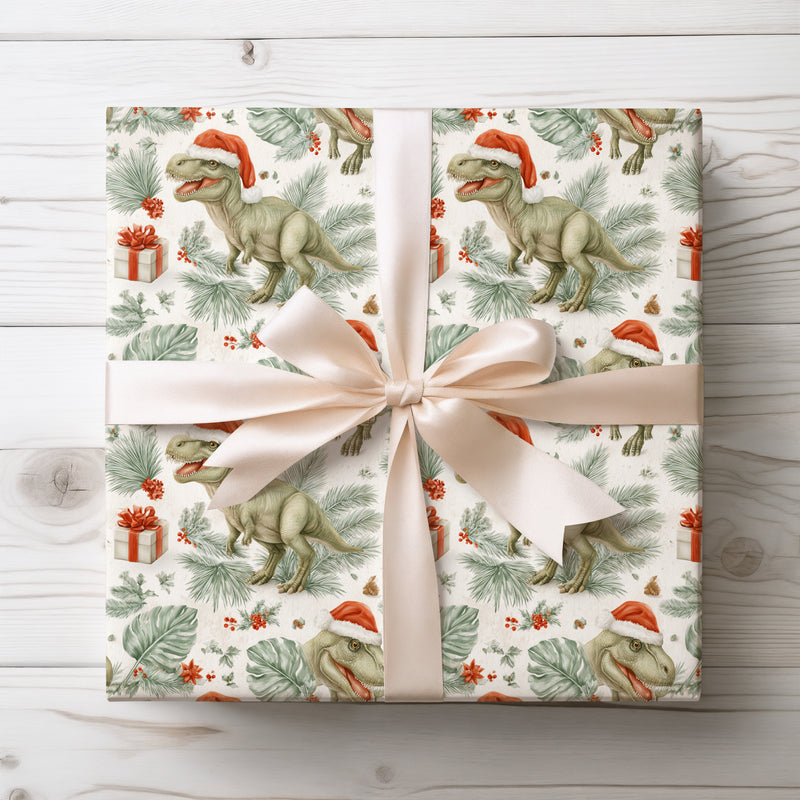 FrostRex – Christmas Dinosaur Wrapping Paper with Santa Hat and Holiday Gifts
