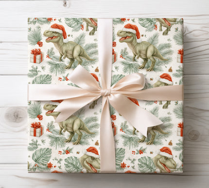 Add prehistoric fun with FrostRex, a dinosaur-themed wrapping paper with Santa hats and holiday gifts. Perfect for children’s Christmas presents. 
