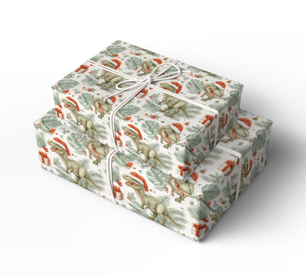 FrostRex – Christmas Dinosaur Wrapping Paper with Santa Hat and Holiday Gifts