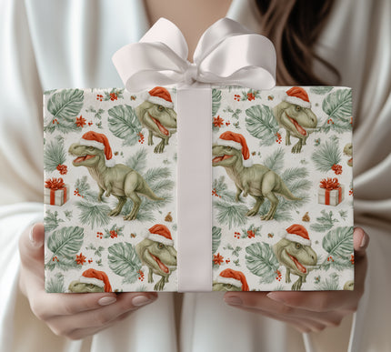 FrostRex – Christmas Dinosaur Wrapping Paper with Santa Hat and Holiday Gifts