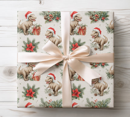 HollyRex – Dinosaur Christmas Wrapping Paper with Santa Hat and Festive Florals