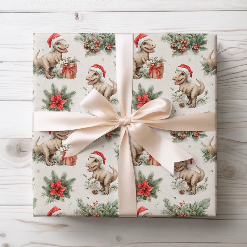 HollyRex – Dinosaur Christmas Wrapping Paper with Santa Hat and Festive Florals