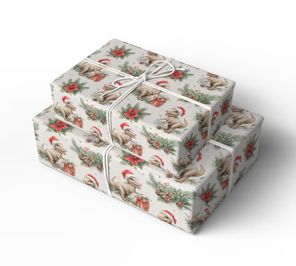 HollyRex – Dinosaur Christmas Wrapping Paper with Santa Hat and Festive Florals