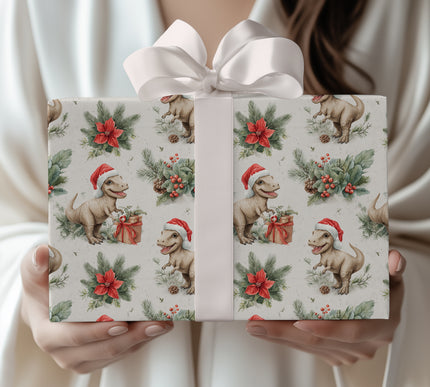 HollyRex – Dinosaur Christmas Wrapping Paper with Santa Hat and Festive Florals