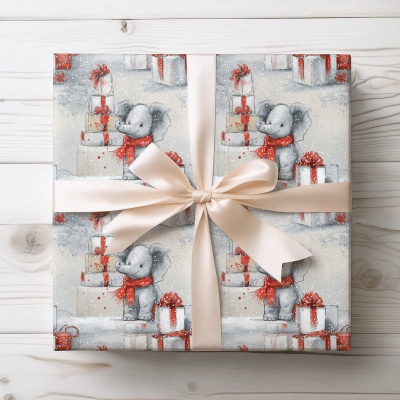 Ivorybell – Baby Elephant with Snowy Christmas Presents Wrapping Paper