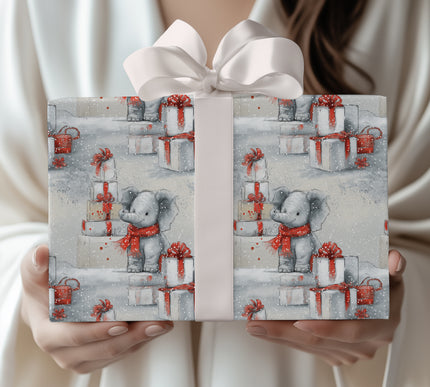 Ivorybell – Baby Elephant with Snowy Christmas Presents Wrapping Paper
