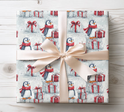 NorthPole Penguin – Cute Penguin Christmas Wrapping Paper with Red Scarf and Presents
