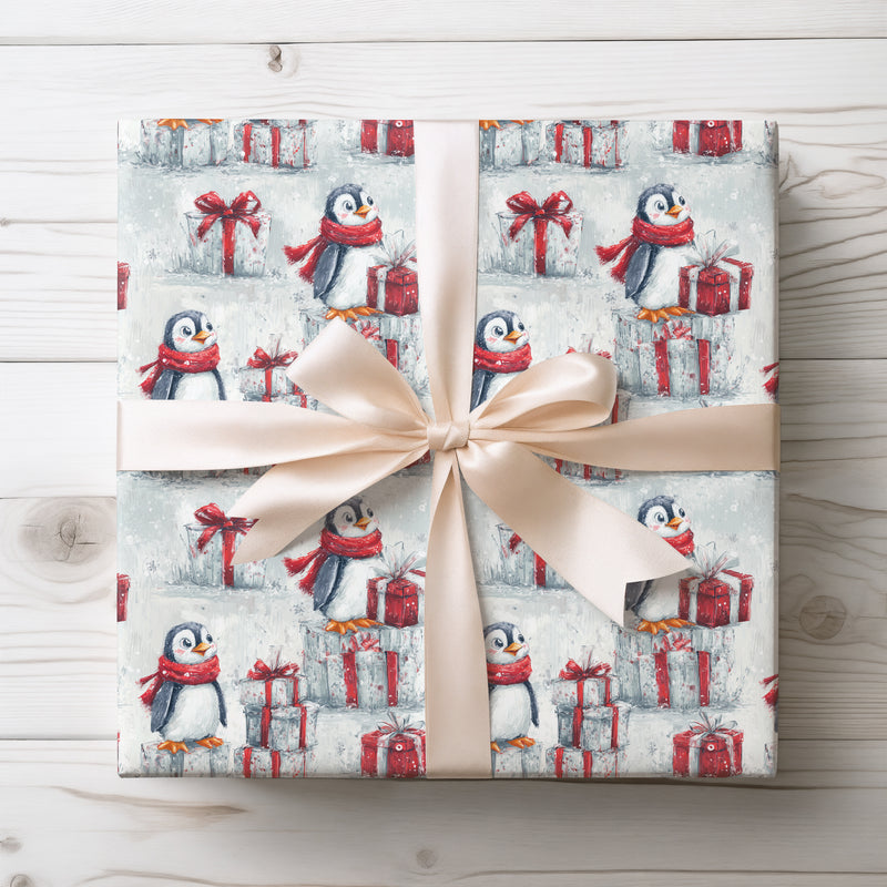 NorthPole Penguin – Cute Penguin Christmas Wrapping Paper with Red Scarf and Presents